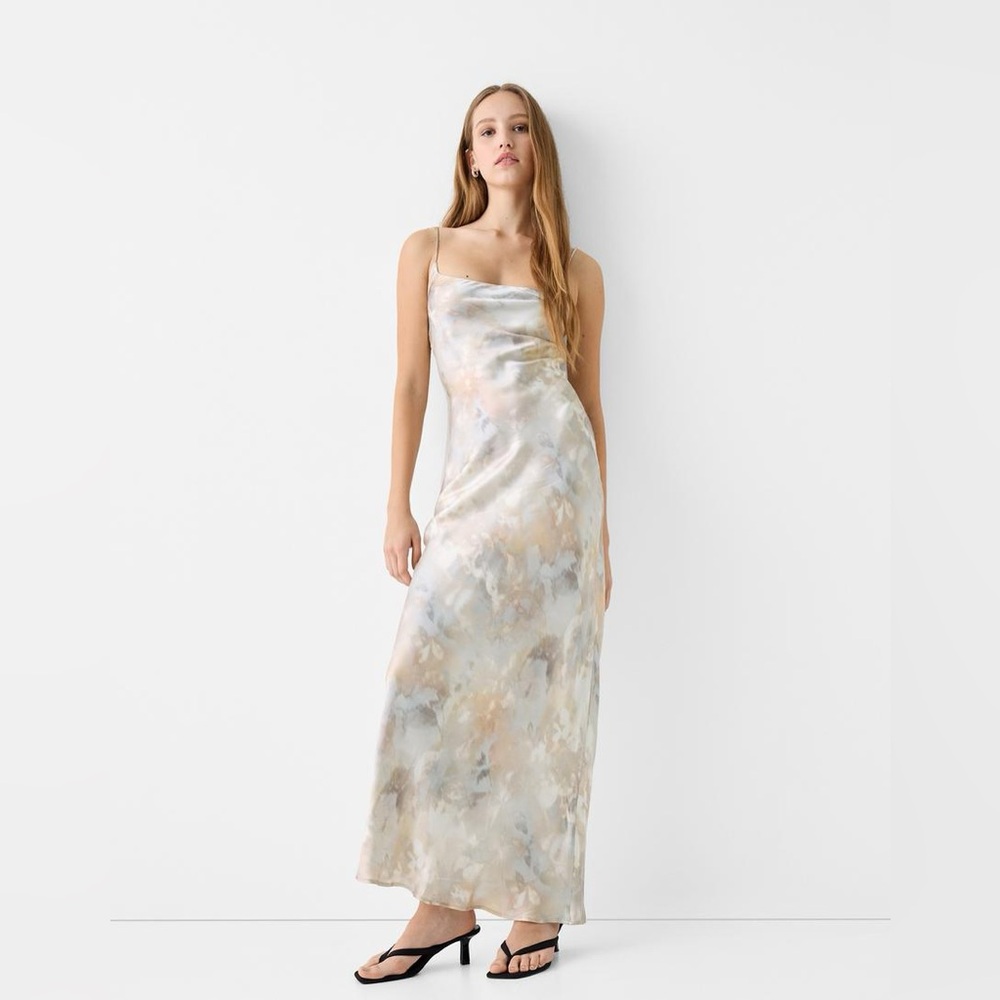 Bershka Marble-Print Slip Maxi Dress in Beige, Gray, Taupe